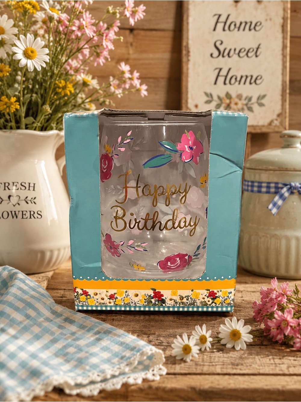 The Pioneer Woman Happy Birthday Floral Stemless Wine Glass 20oz NIB / NWT